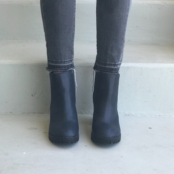 Navy Blue Bold Lug Sole Chunky Heel Ankle Booties - Picture 3 of 6